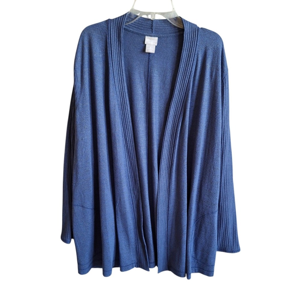 Chicos Zenergy Open Front Cardigan Blue Sweater Womens Size 2 Athleisure Stretch